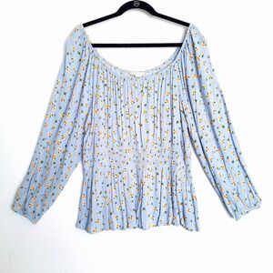 Pink Rose Blouse Womens 2X Blue Floral Smocked Bardot Off Shoulder Peasant Top